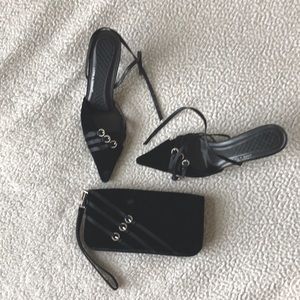 Black skinny heel suede like shoes with matching  clutch 2.5 inch heel